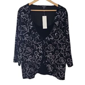 Notations Black Velour Silver Swirl Print Cardigan Attached Twinset Sz 3X NWT